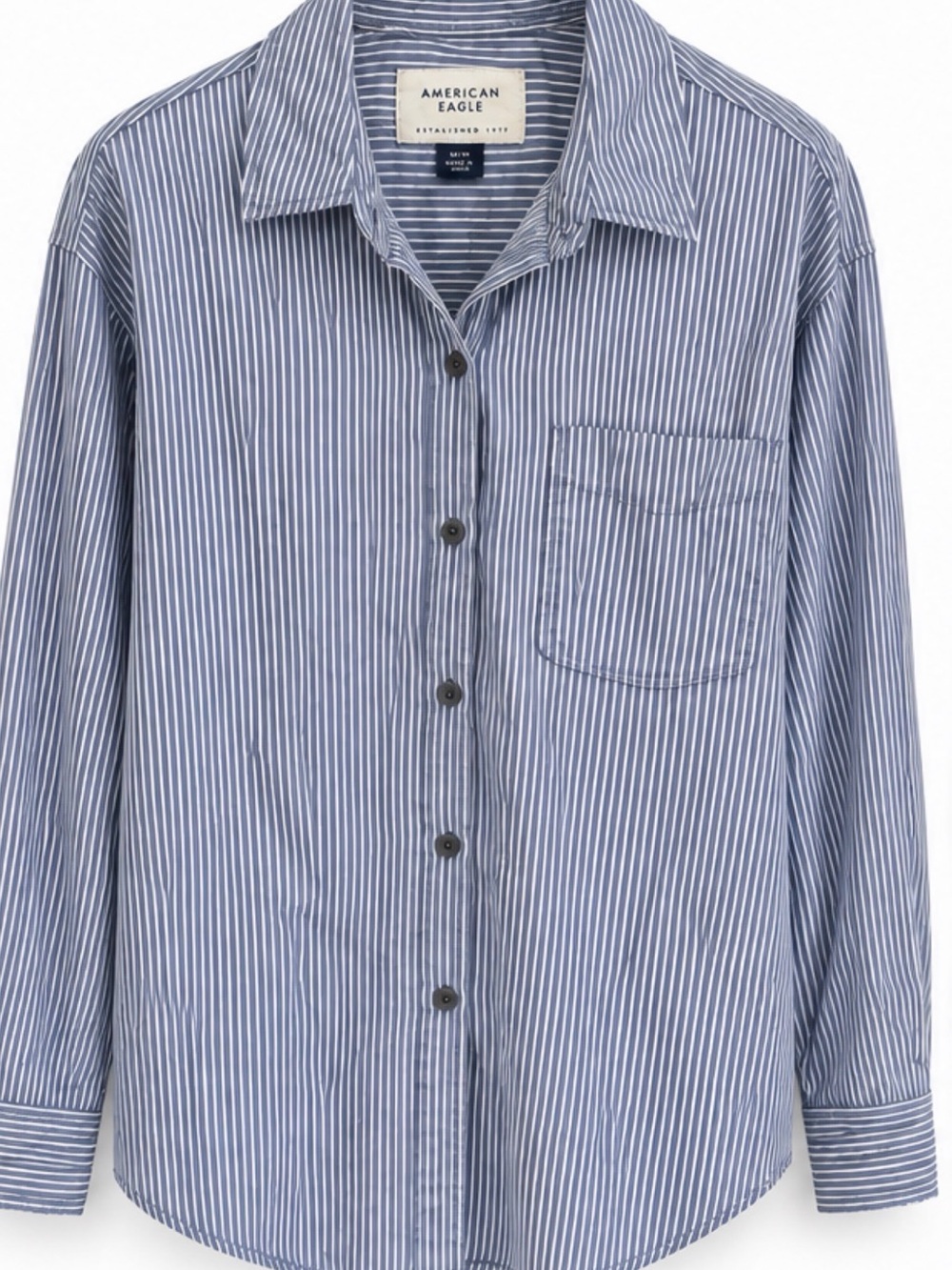 American Eagle Outfitters Men's Navy and White Stripe Button-Down Shirt